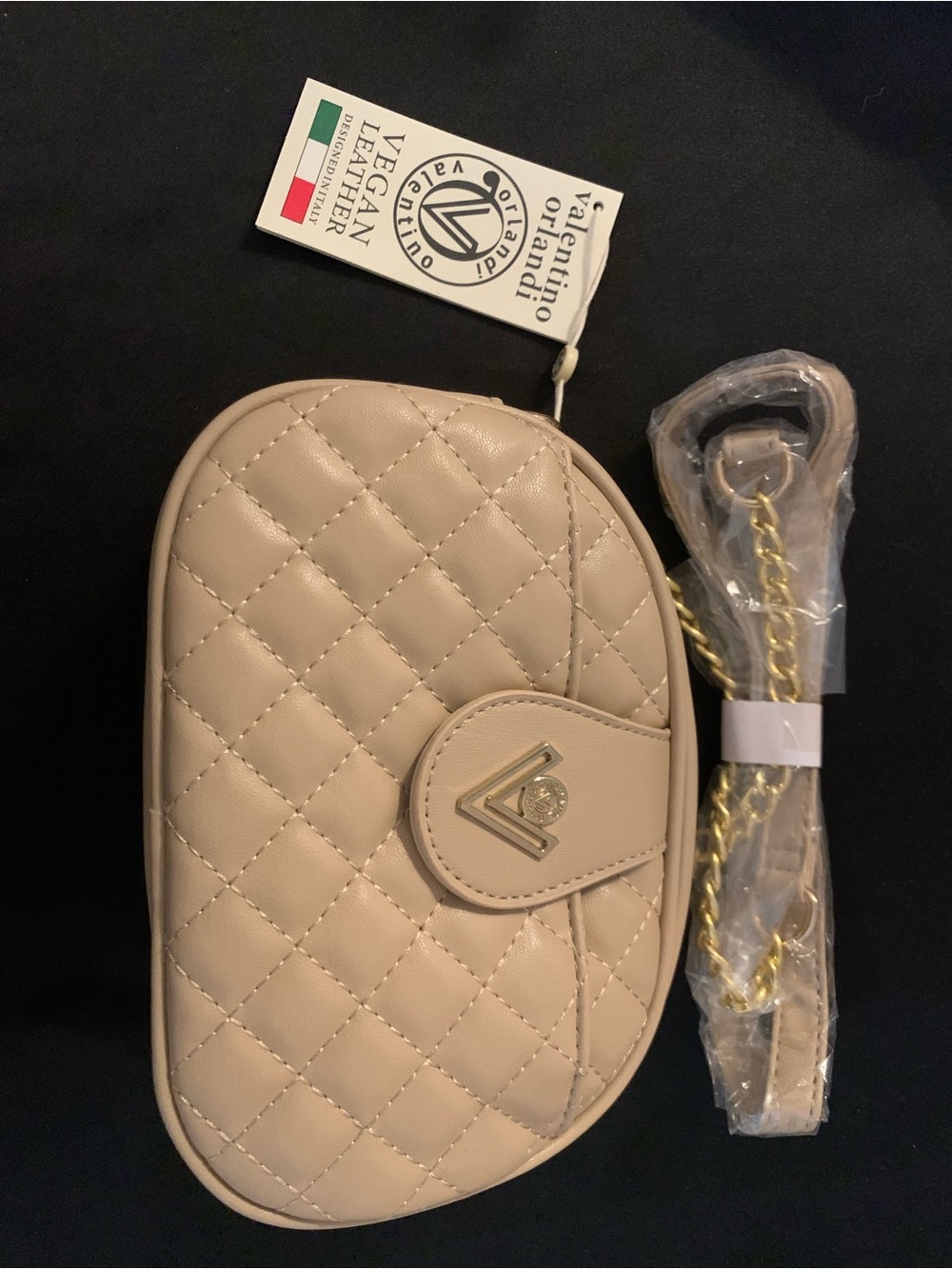 Valentino Orlandi Quilted Beige Leather Crossbody with Gold Chain